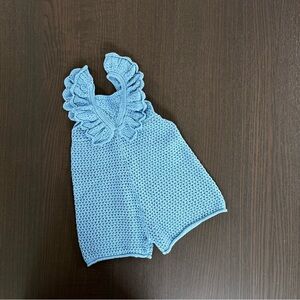 Light Blue Crochet Kids Romper with Ruffle Shoulders